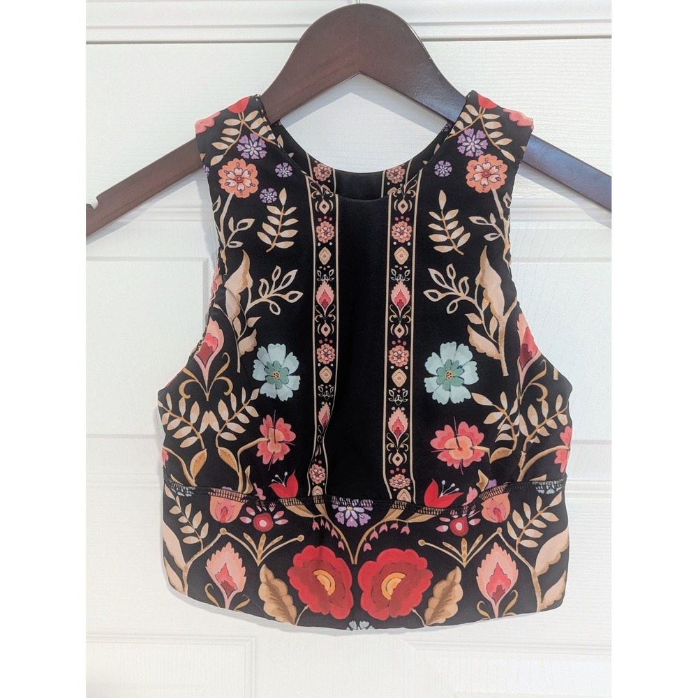 Yoga Democracy Floral Folk Art High Neck Sports Bra Crop Top Black Small